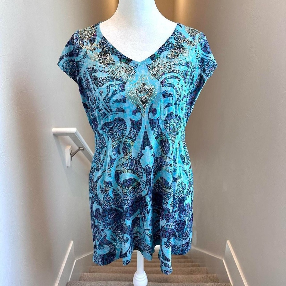 One World‎ Grunge Boho Tunic Top Blue Teal Studded V-Neck Size M Edgy Y2K